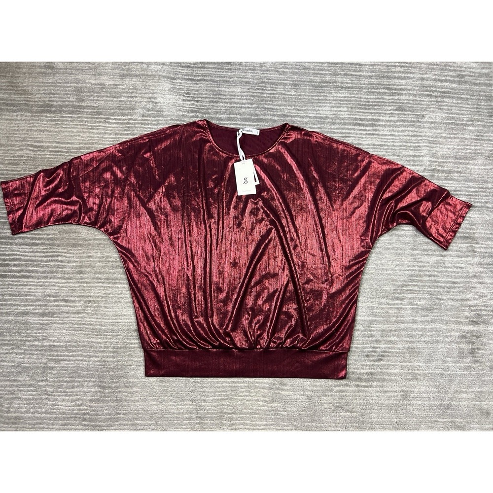 Jasambac Top Womens 2XL Red Shimmery Metallic Cold Shoulder Polyester Blend NWT